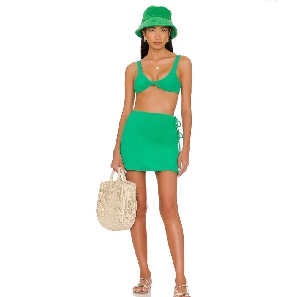 Green Women's Skirt Set - SUPERDOWN - Size Medium Side Tie Terry Skirt and Bra